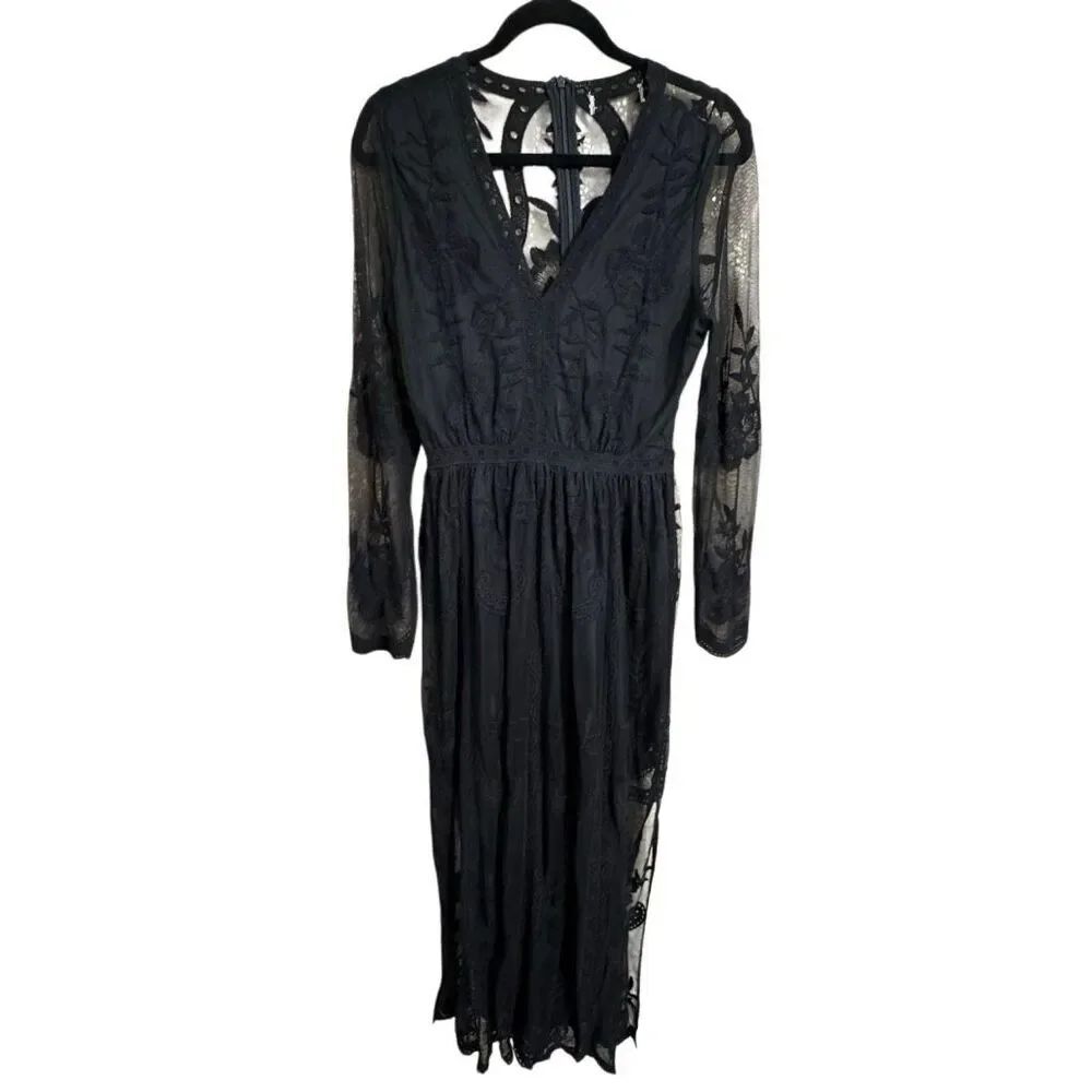 Black Lace Overlay Long Sleeve Floral Witchy Goth Boho Romantic Dress Medium